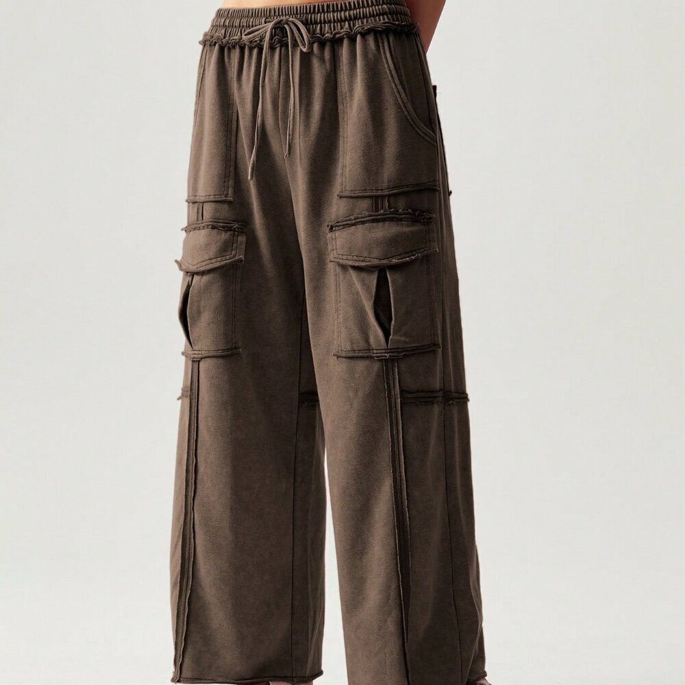 Coffee Brown Casual Women's Vacation Knit 3d Pocket Wide Leg Pants - Picture 7 of 8
